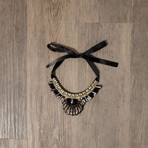 Black statement beaded collar necklace, Golden/Silver Accents - Like New!